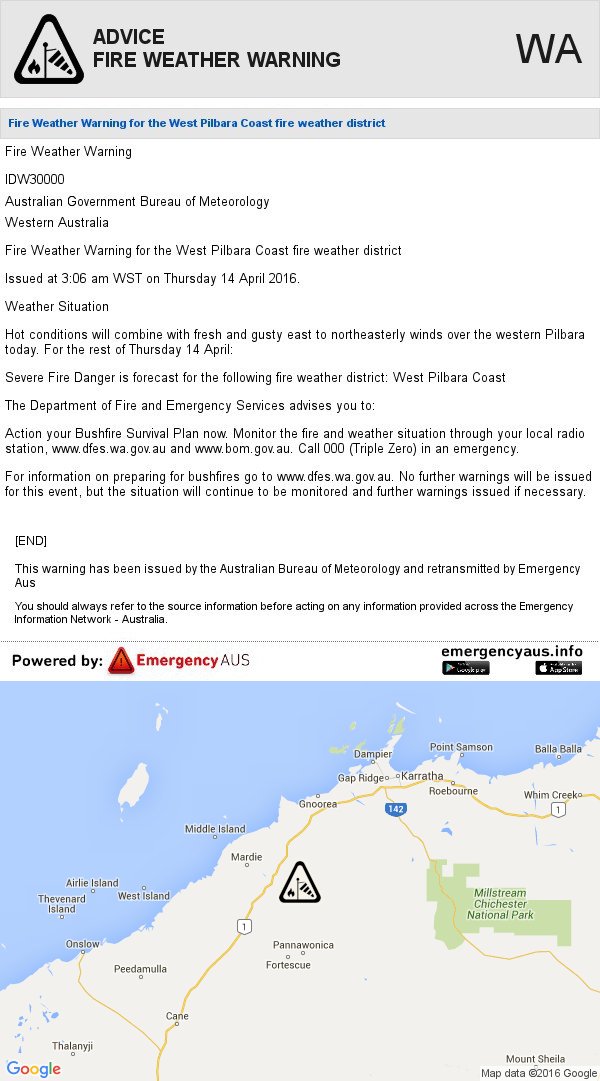 WA [ADVICE] FIRE WEATHER WARNING - West Pilbara Coast 14/04 3:06am AWST #BOM bom.gov.au/wa/warnings/fi…