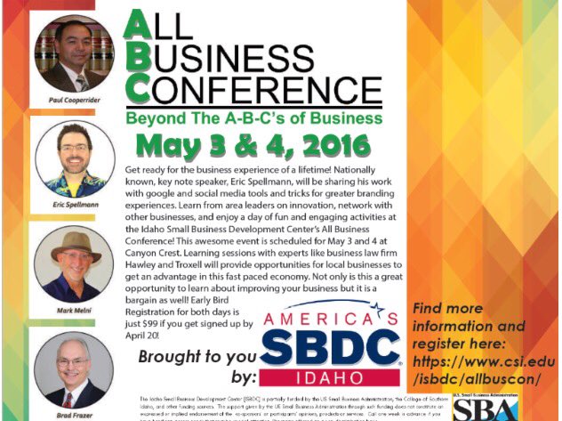 ISBDC_ABC's tweet photo. .@Idaho_Central Thank You for Supporting @TF_SBDC ALL BUSINESS CONFERENCE. #sponsor #community #business #idaho https://t.co/4lGvGXcX7H