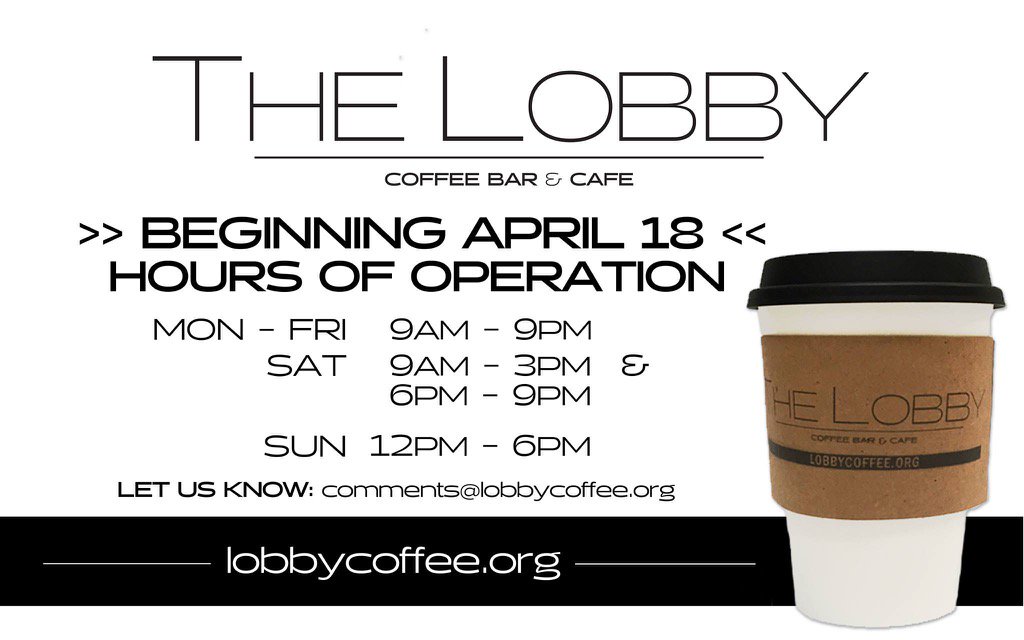 ChesChurch's tweet photo. SPREAD THE WORD. Beginning April 18 @lobbycoffeebar will be OPEN 7 days a week! || #morethanjustacupofcoffee https://t.co/2qw5ZaV8Sf