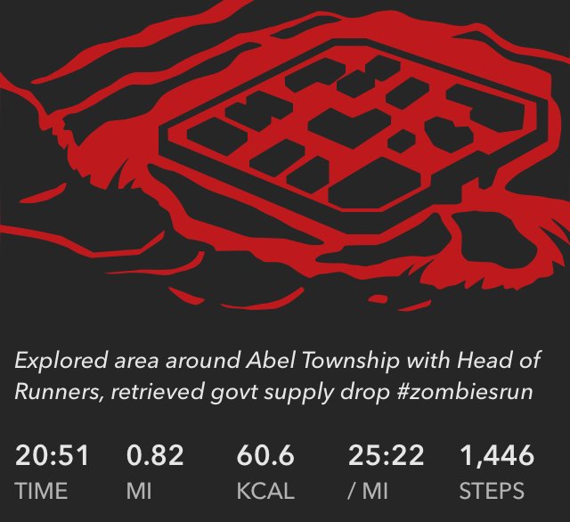Shassafrass's tweet photo. Explored area around Abel Township with Head of Runners, retrieved govt supply drop #zombiesrun https://t.co/INuoOqZ9g1