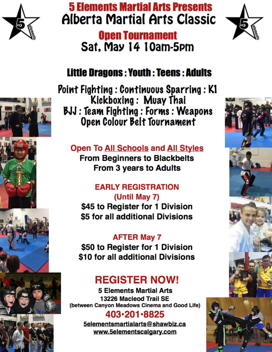 5ElementsMA's tweet image. Get ready!! 5 Elements Spring Open Tournament on Sat May 14th. Kick some butt! #yycmartialarts #yycselfdefense