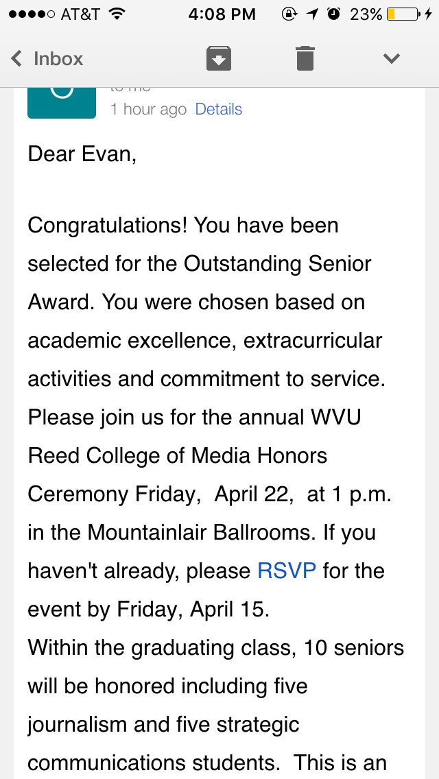 Evan_M_Green's tweet photo. Beyond thankful to selected for an Outstanding Senior Award in the @wvumediacollege!! https://t.co/pgC84sflpz