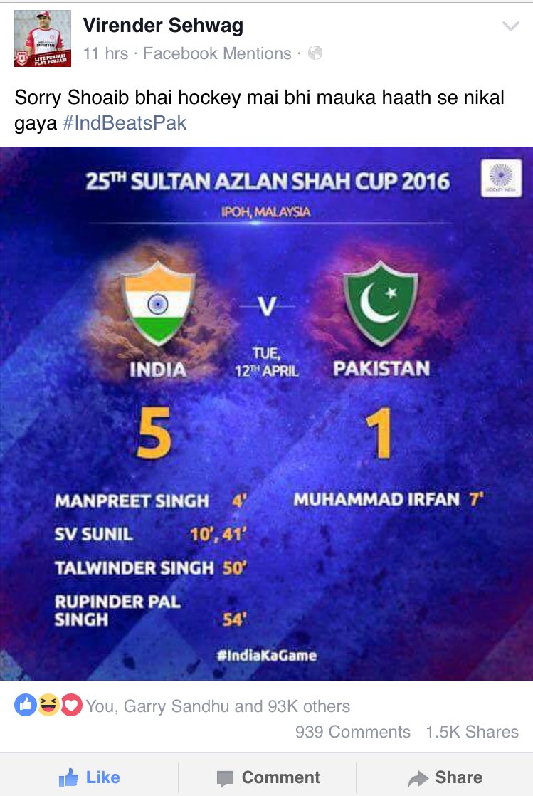 Proudindian_pkm's tweet photo. No one trolls Pakistan like he does. @virendersehwag does it again. You rock Paaji #IndvsPak #IndiaBeatsPak https://t.co/odKzy5Kz02