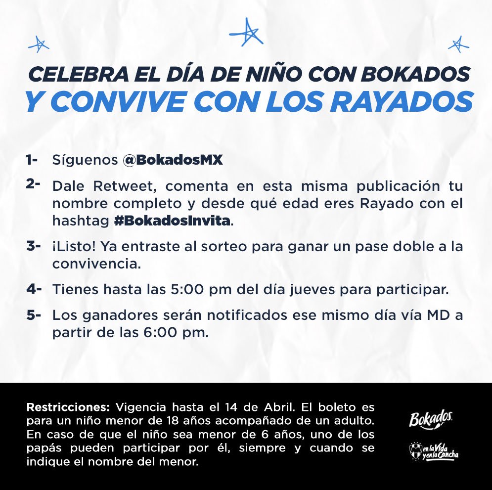 BokadosMX's tweet photo. Tenemos 100 pases dobles para ir este 17 de Abril a la convivencia con los @Rayados, ¡Participa! ⚽️🎈 #BokadosInvita https://t.co/ENZuVQDaJL
