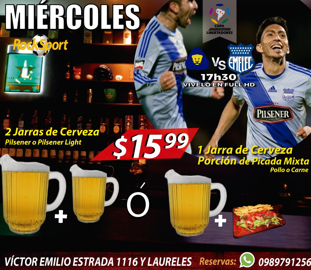 RockSportCafe's tweet photo. Vive en FULL HD el partido por Copa Libertadores entre Emelec vs Pumas desde las 17h30. https://t.co/VmPqRDk4Od