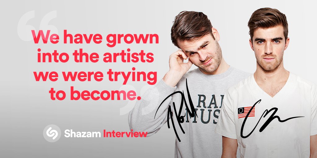 Shazam's tweet photo. EXCLUSIVE: We talked #Roses &amp; growing as artists w/ @TheChainsmokers. https://t.co/R8UdjUXuNQ #ShazamInterview 🌹 https://t.co/MQ9RRsxody