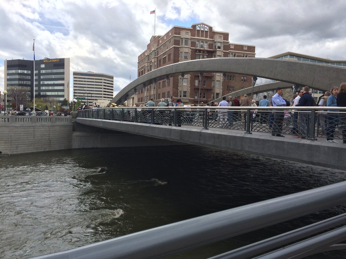 UNVPress's tweet photo. At the new Virginia Street Bridge! A beautiful addition to Reno's vibrant downtown! #VSBProject #Nevada https://t.co/Sk1yVfryWm