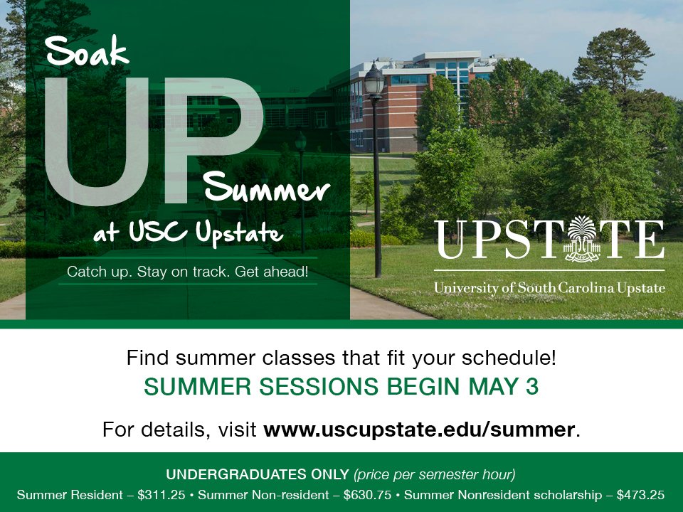 USCUpstate's tweet photo. Catch up. Stay on track. Get ahead. Soak Up Summer at USC Upstate! Details: https://t.co/A4sYuntZvQ. https://t.co/LRLC8kAsjh
