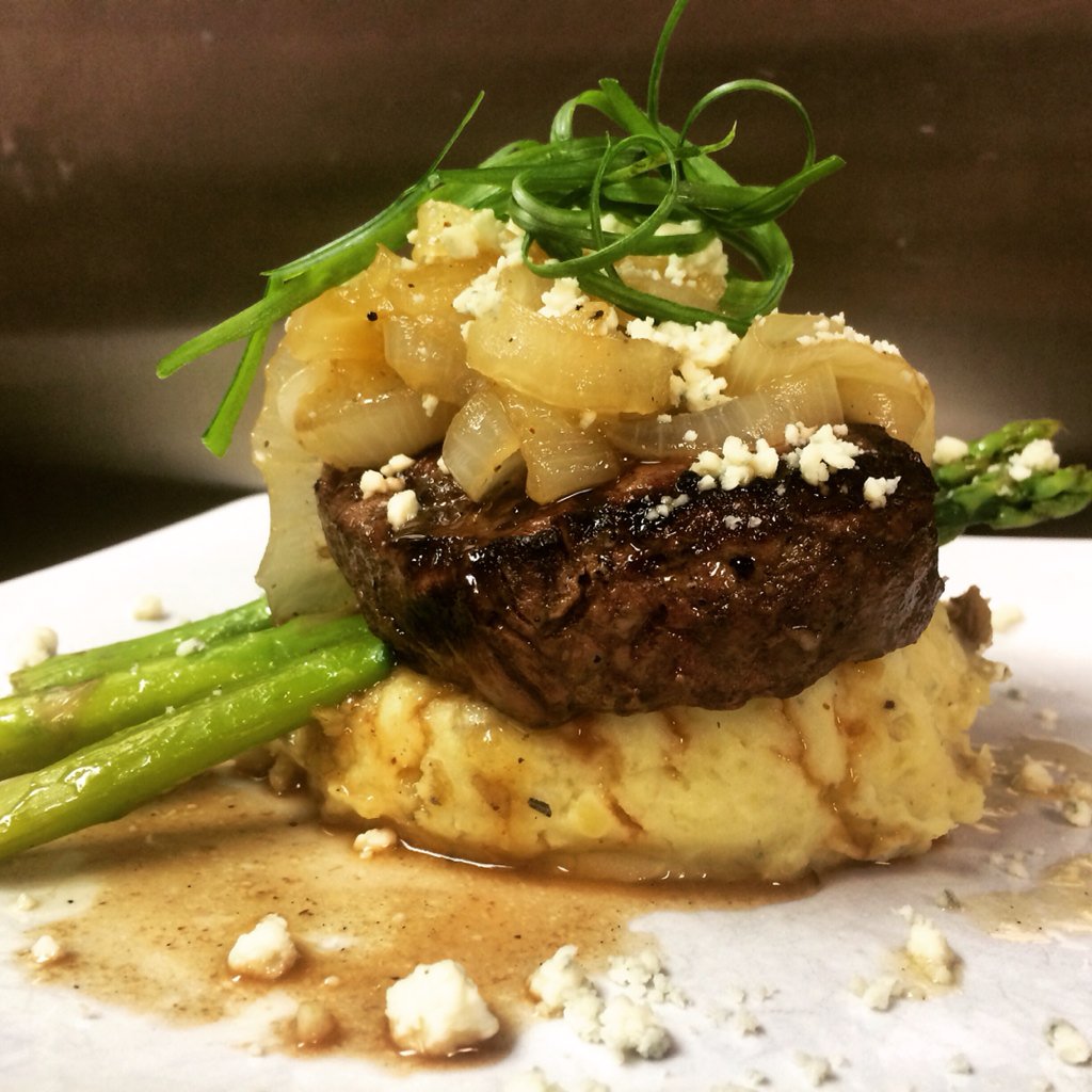 Tonight's steak feature Grilled Filet w Caramelized Onions &amp; Bleu Cheese #steaktime #chefsarahnewman #bhameats
