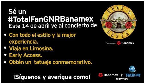 telehit_musica's tweet photo. ¿Quieres ser el 1ro en ganar boletos para @gunsnroses? Ayúdanos a desbloquear la dinámica con RT #TotalFanGNRBanamex https://t.co/DxcAPiFQnC