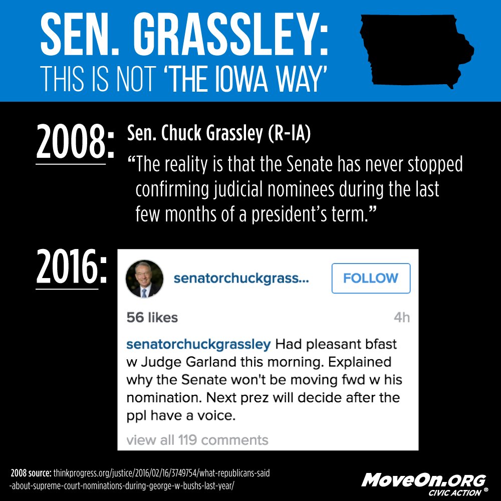 MoveOn's tweet photo. No, @ChuckGrassley, not #TheIowaWay at all. #DoYourJob #SCOTUSnominee @DMRegister https://t.co/S6uuHEsNHK