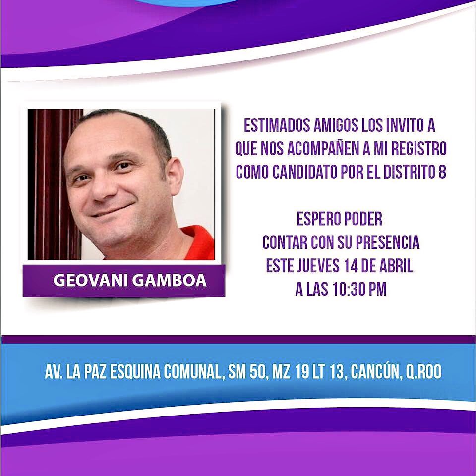 SoyAlexCampos's tweet photo. Amigos y familia de #Cancún el día de mañana mi gran amigo @GEOGAMBOA se registra como candidato a Diputado por QRoo https://t.co/eG8gob1bqr