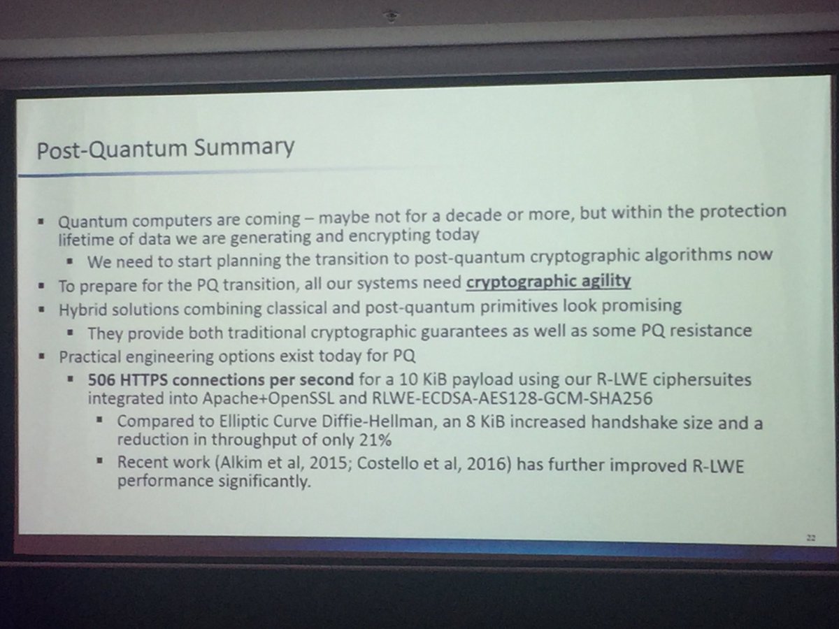 zimbani_'s tweet photo. #2016acsc Dr Brian LaMacchia (Microsoft Research) sharing his thoughts on a post-quantum cryptographic world. https://t.co/Sb46G47PVn
