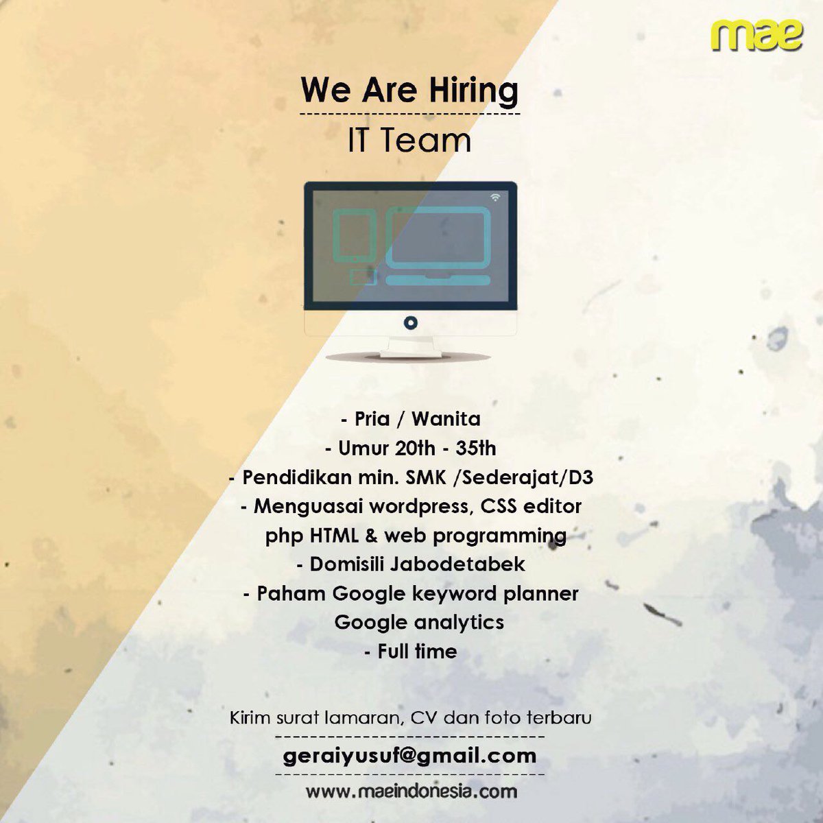 Bantu RT ya.. Lowongan kerja. Silahkan kirim email ke : geraiyusuf@gmail.com
#beranisyari #loker #jakarta