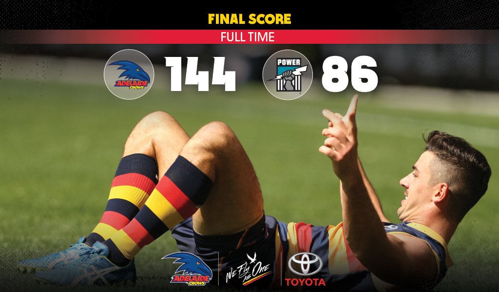 What a way to clinch our first points of the year! Crows win Showdown XL 22.12 (144) to <a href="/PAFC/">Port Adelaide FC</a> 11.20 (86) #weflyasone