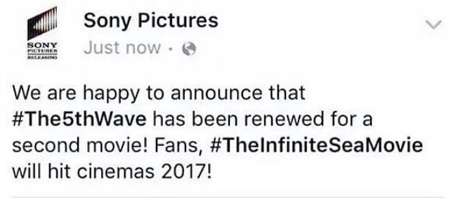 The5thWaveFL's tweet photo. It's official, Wavers! #InfiniteSeaMovie is a go. See the fight continue in 2017! https://t.co/jgLXMRkOew