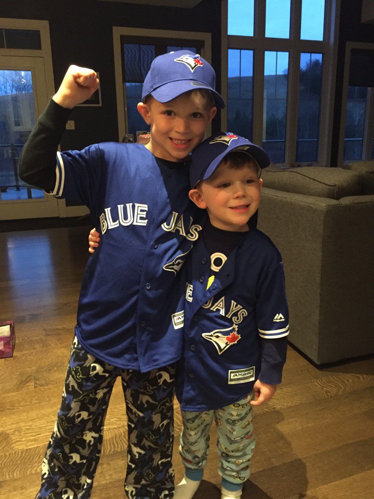 JLCwhat's tweet photo. @BlueJays check out my two birthday boys with their new #BlueJays gear! Go Jays go! #WinTBJOpener https://t.co/GWsK8xTnFG