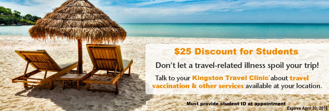 KTravelClinic's tweet photo. Students going on overseas? part of a school-trip, receive a $25 discount on travel vaccinations #queensu #SLC #ygk https://t.co/UK6ckSUX1A