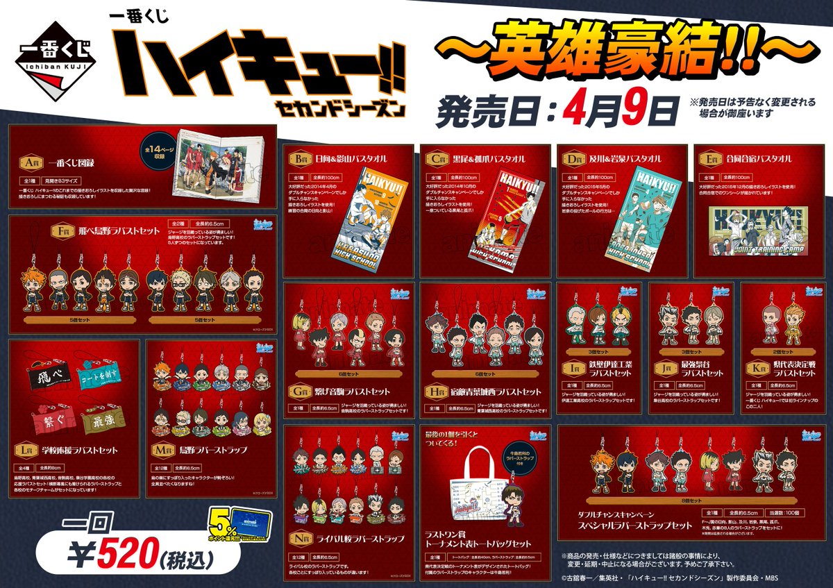 ট ইট র アニメイト富山 くじ情報 一番くじ ハイキュー セカンドシーズン 英雄豪結 アニくじ 峰倉キャラクターズ は4月9日に発売 当店では１会計につき5回までで販売させていただく予定です ご来店お待ちしておりますとや T Co