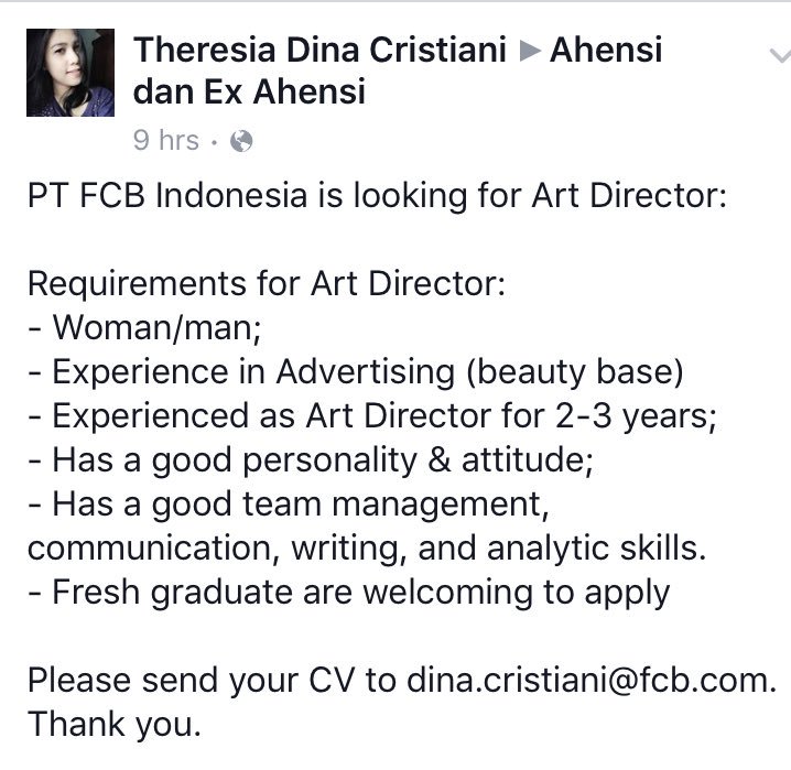 WANTED! Art Director for <a href="/FCB/">FCB</a> Advertising. #ArtDirector #AdvertisingJob #Vacancy <a href="/ahensiexahensi/">ahensiexahensi</a> <a href="/AdvertisingUI/">Advertising UI</a>