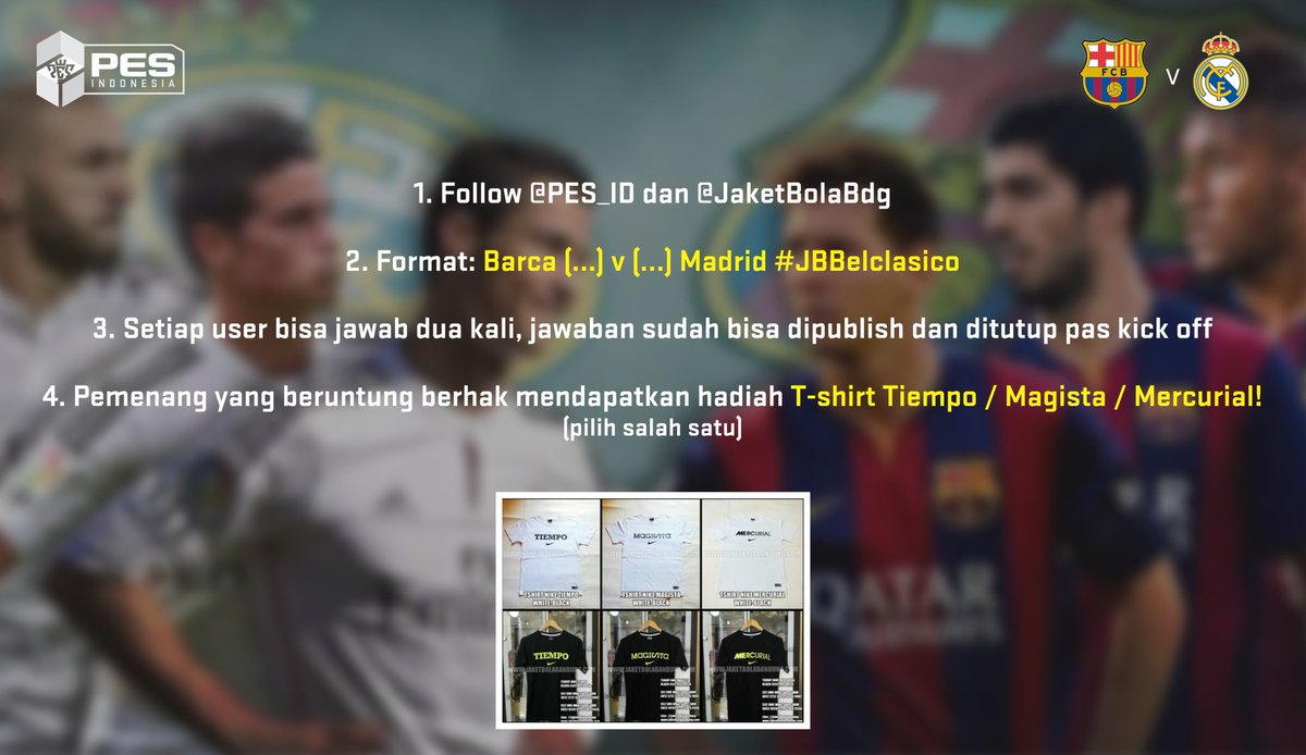 virtualballers's tweet photo. RETWEET tweet ini sebagai tiket ikutan kuis, follow @JaketBolaBdg lalu kirim jawaban sesuai rules! #JBBelclasico https://t.co/b54TGpRqU0