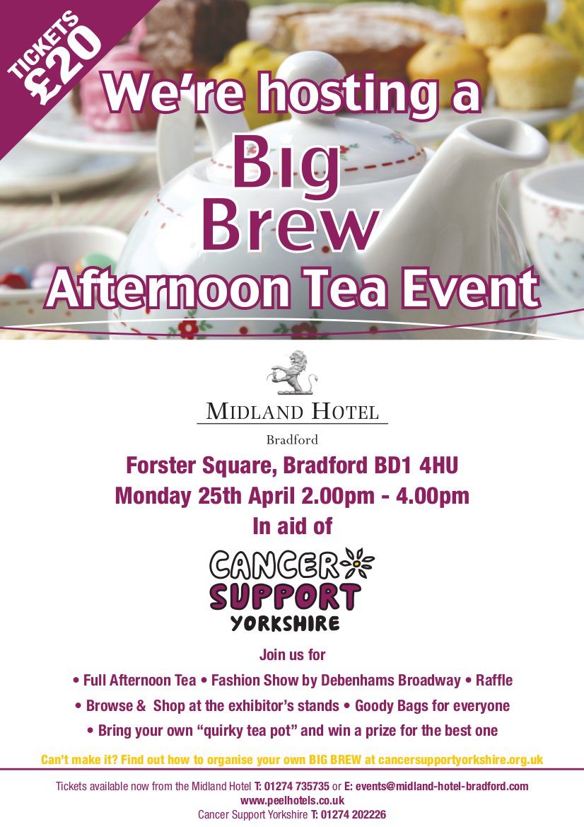 Cancer Support (@cancersupportba) on Twitter photo Afternoon Tea at <a href="/HotelMidland/">The Midland Hotel Bradford</a> Monday 25th April in aid of <a href="/CancerSupportBA/">Cancer Support</a> 2-4pm. Make an afternoon of it. Afternoon Tea at <a href="/HotelMidland/">The Midland Hotel Bradford</a> Monday 25th April in aid of <a href="/CancerSupportBA/">Cancer Support</a> 2-4pm. Make an afternoon of it.