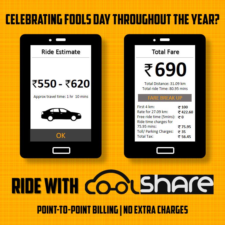 Coolshare15's tweet photo. #FoolsDay #AvoidGettingFooled #RideWith #CoolShare #AcCabs #PointToPointBilling #NoHiddenCharges https://t.co/AcT7PIdeWr