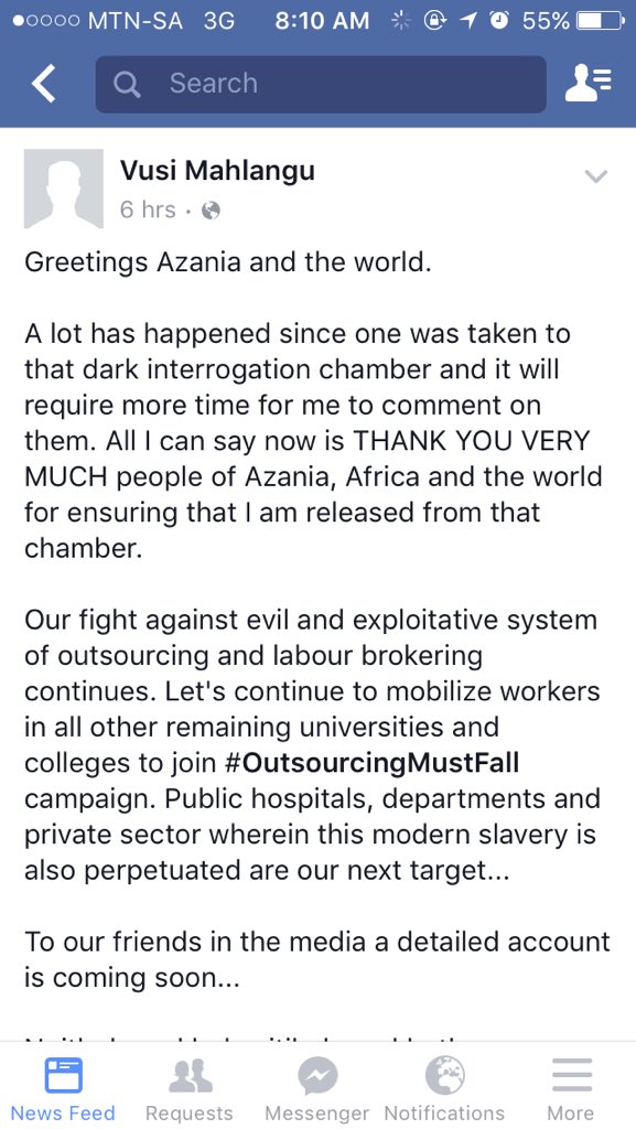 SABlackStudents's tweet image. Vusi Mahlangu is alive and safe. Thank all for efforts in helping to find him. #BringBackVusi