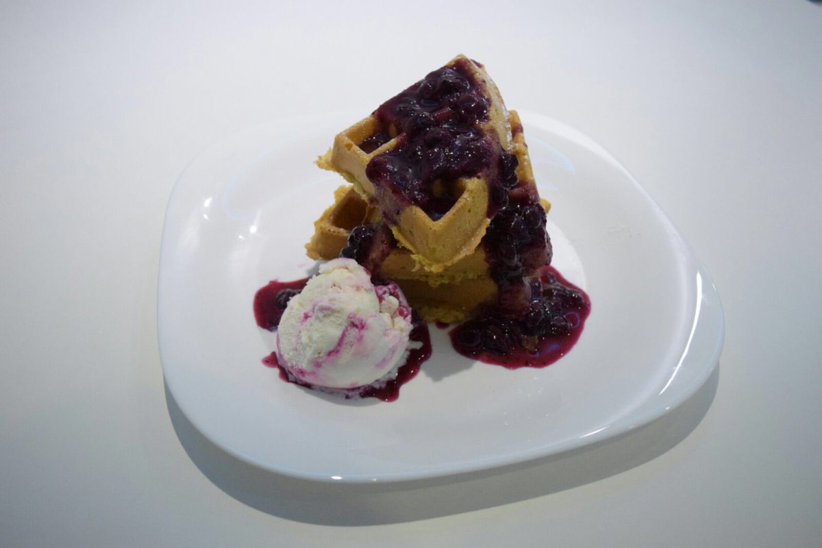 Homemade blueberry sauce with fresh waffle and raspberry ripple gelato. Now that is a treat! #eisbar  #stamford