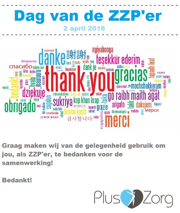 2 april is het de dag van de ZZP'er. <a href="/PlusZorg/">PlusZorg</a> bedankt alle ZZP'er voor de samenwerking!