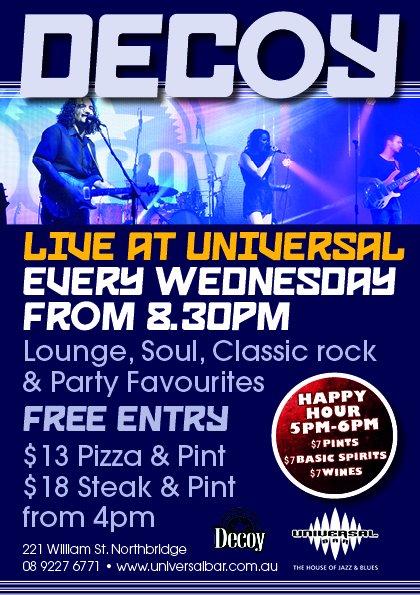 UniBarPerth's tweet photo. The fantastic 4-piece Decoy will be playing live from 8.30pm every Wednesday starting this Wednesday April 6. https://t.co/0AkY2glisK