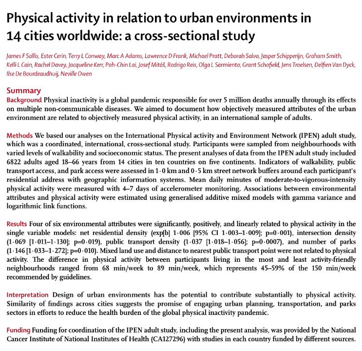 TheLancet's tweet photo. Physical activity &amp; urban environments in 14 cities worldwide #GlobalActiveCities https://t.co/aOF1ld2CJR https://t.co/i7exr99Wnc