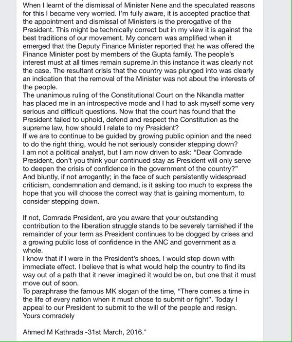 RT @andiMakinana: ANC stalwart Ahmed Kathrada's letter to President Zuma, suggesting he step down as president.