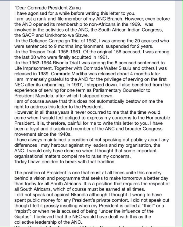 City_Press's tweet photo. RT @andiMakinana: ANC stalwart Ahmed Kathrada's letter to President Zuma, suggesting he step down as president. https://t.co/bfpQO94CP5