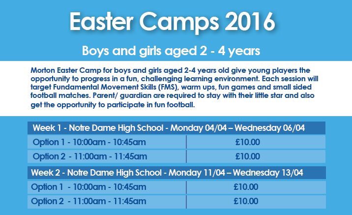 MortonCommunity's tweet photo. Easter camps kick off on Monday. Book online https://t.co/iB8lhCdO9f or register at the venue #EasterCamp2016 https://t.co/5wIfK4tQKm