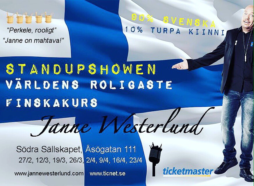 SthlmComedyClub's tweet photo. Ikväll kl.18.00 ser ni @JanneWesterlund och hans show "Världens Roligaste Finskakurs" Biljetter på @TicketmasterSE https://t.co/zHVPZPVegF