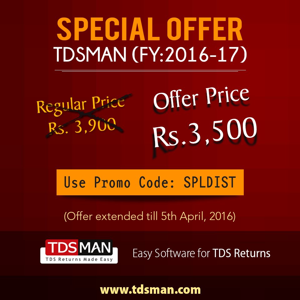 TDS_MAN's tweet image. Get TDSMAN Software at Flat Rs. 3,500/- instead of Rs. 3,900/-
Order Now &amp;gt;&amp;gt; bit.ly/25CnAoe
#TDS_software