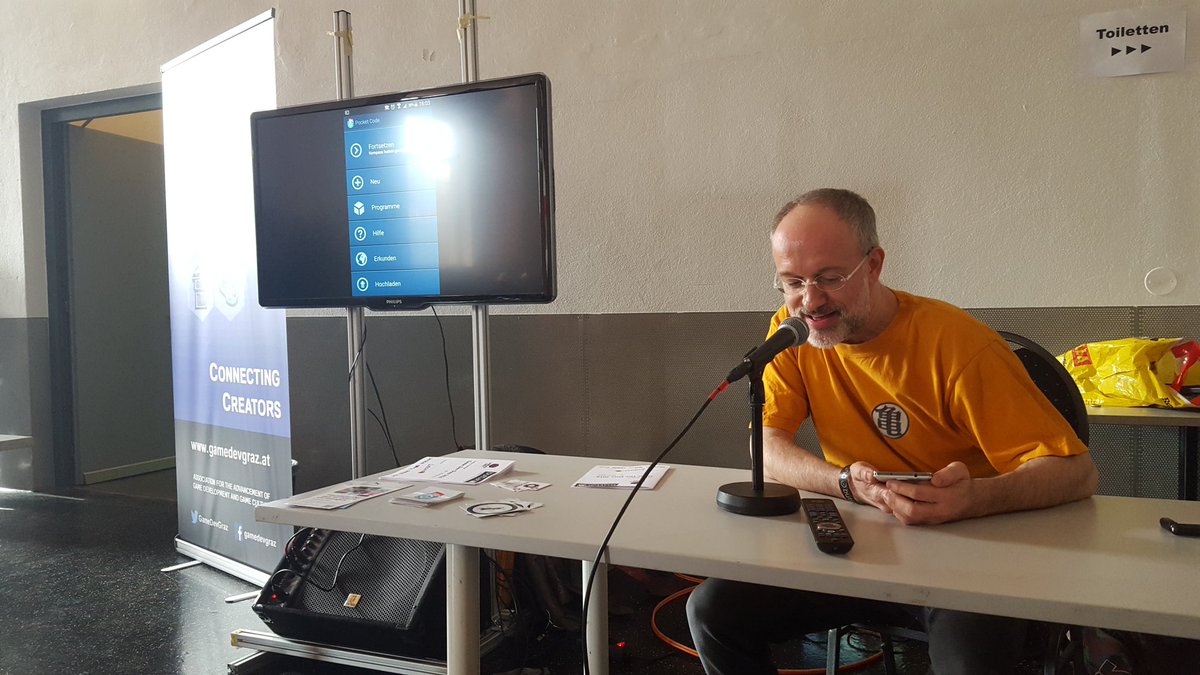 JoeyPrink's tweet photo. Mini presentations from @Pocket_Code &amp; local indie devs @MadGearGames  at #gamedevdays @button_Festival @GameDevGraz https://t.co/DpLX9r8gTt