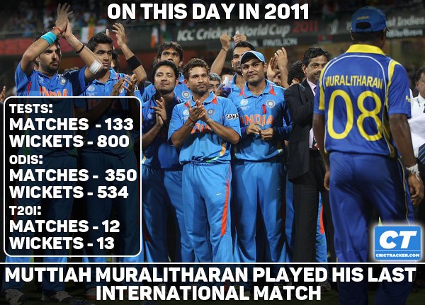 Cricketracker's tweet photo. Today in 2011, Muttiah Muralitharan bid adieu to international cricket. https://t.co/8MY4hDts0X