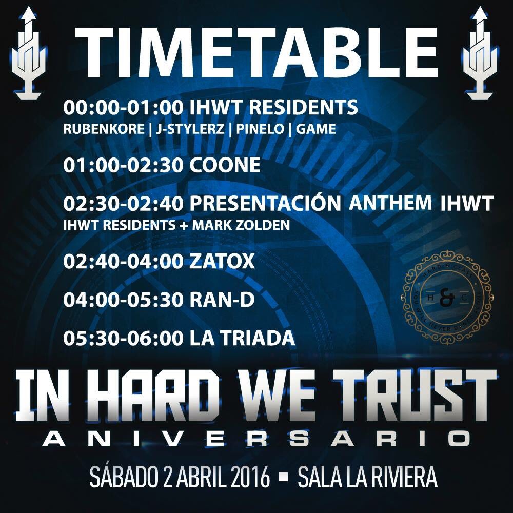 MadridEDM's tweet photo. Cartel, horarios e información importante. @in_hard_w_trust en @LaRivieraSala ESTA NOCHE! @djcoone @DJZatox 🙌🙌 https://t.co/GhfFj4Zj2A