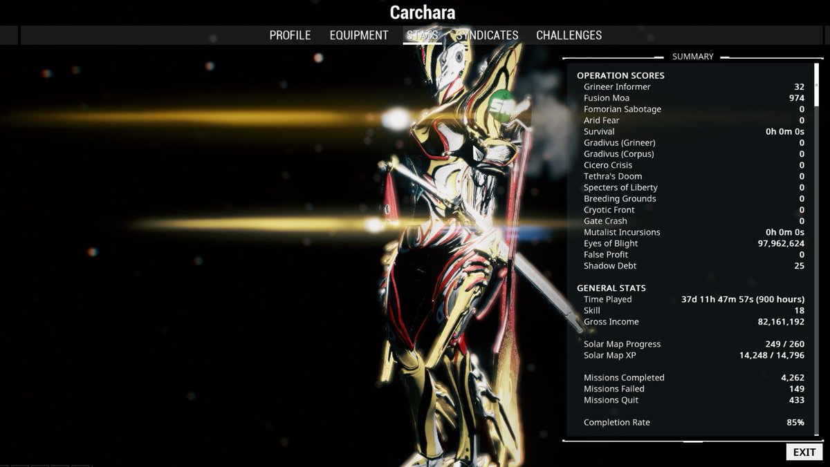 Carchara_'s tweet photo. 900 hours yes yes yes cc @moitoi @sheldoncarter @rebbford @sj_sinclair @Gefu38 @GooseDE #Warframe #nolifetime :D https://t.co/PV7xn5yNoo