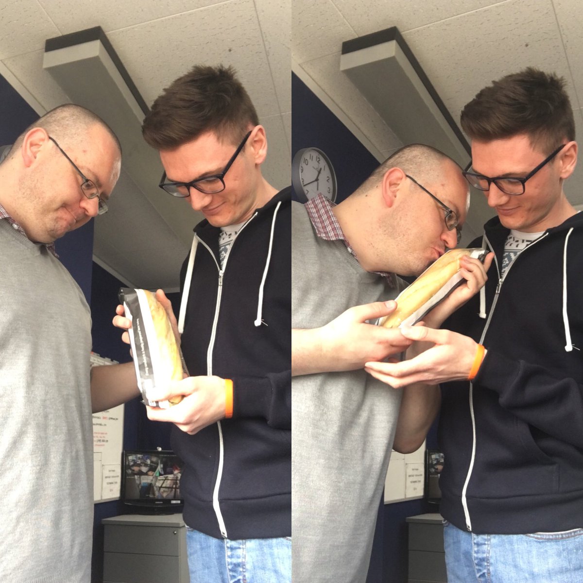 jack_cheeseman's tweet photo. Me and @jameswaters tried to recreate this loving picture with our baby tuna crunch baguette! @SFMRadio https://t.co/BqAGlWWbsU
