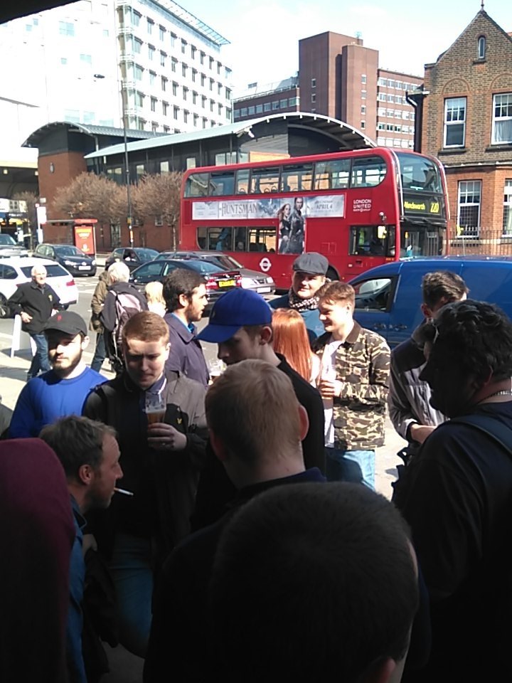 DonsWalk's tweet photo. 53/54: we've reached the Duke of Cornwall in Hammersmith. Just over a mile to go. Got a welcome party too! #mkdons https://t.co/awZShn9QWR