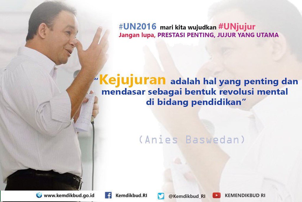 Selamat malam.Ini pesan kejujuran dr Mendikbud <a href="/aniesbaswedan/">Anies Rasyid Baswedan</a> .H-2 buat teman2 peserta UN SMA/sederajat.Semangat! :)