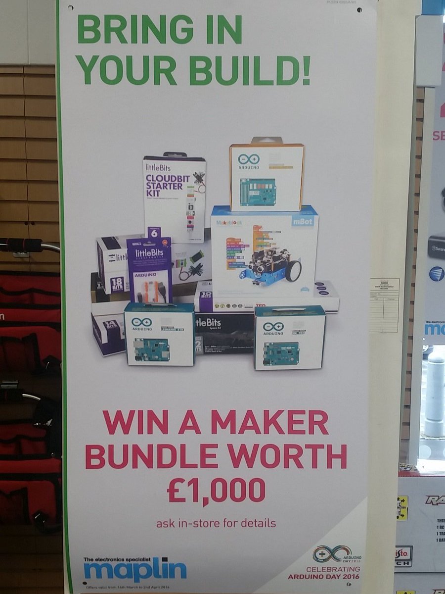 Maplin_BNY's tweet photo. Today is #ArduinoD16 #BringYourBuild into store to enter our #Arduino competition #Barnsleyisbrill https://t.co/HHxi99Pn5v