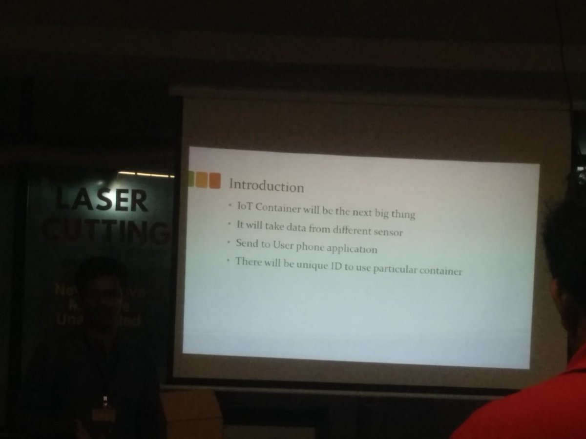 nisargjoshi29's tweet photo. Next team presenting about #IOTcontainer
#AEFest #fablabcept #IoT https://t.co/4qsST1TIn2