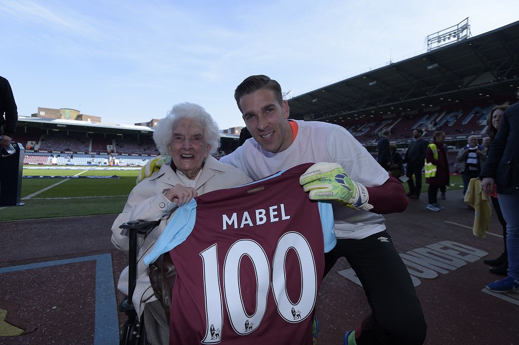 WestHam's tweet photo. On the day of his 100th appearance @AdriSanMiguel wishes Season Ticket Holder Mabel Arnold a happy 100th birthday! ⚒ https://t.co/Ucv91dedZL