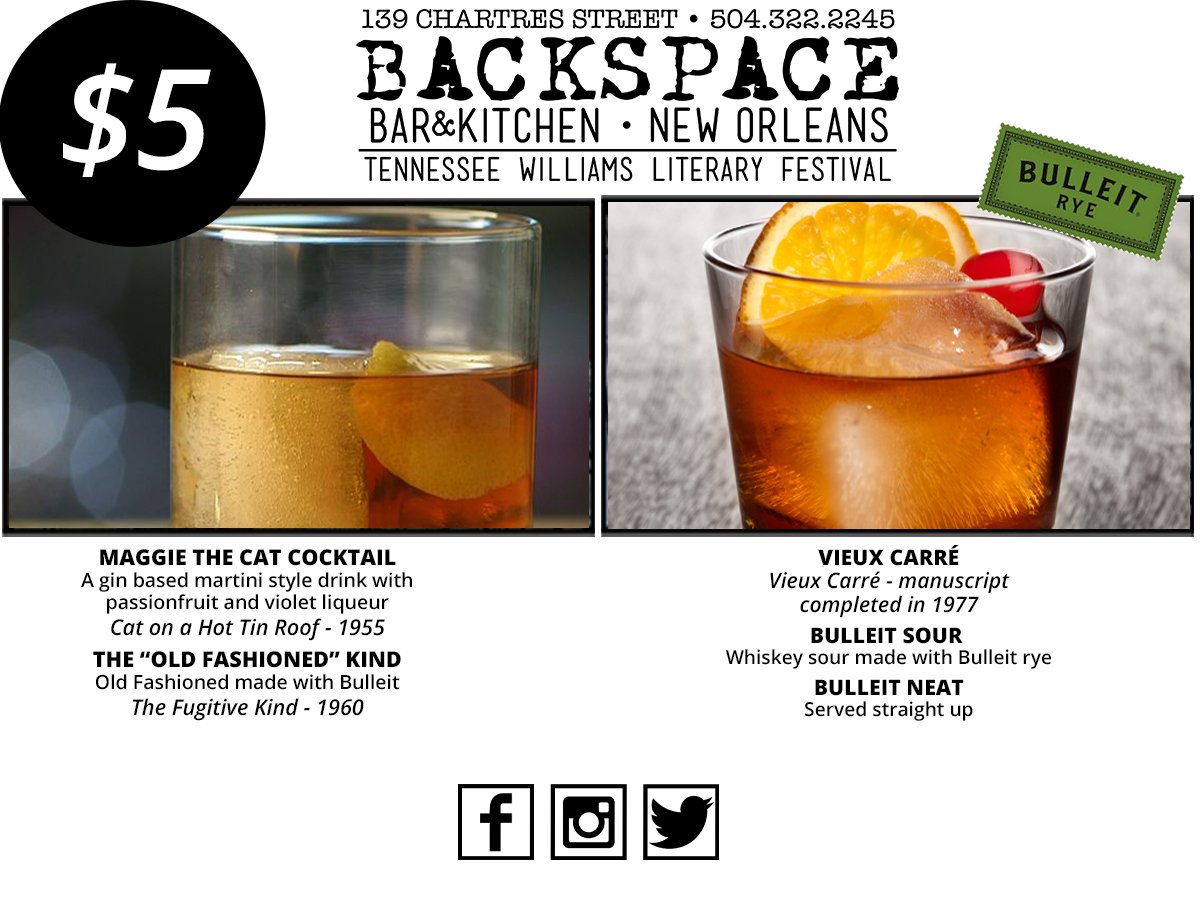 BackspaceNola's tweet photo. A Tennessee Williams inspired cocktail menu to keep you in the festive mood during @twfestnola. #TWF16 #twfest https://t.co/RpbGVuKJyV
