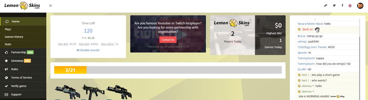 Lemonskinscom's tweet photo. SITE UPDATES:
*FIXED BOT ISSUES
*FIXED HISTORY PAGE, WHERE ARE ITEMS WITHOUT SITE RAKE
#lemonskins #csgo https://t.co/gssvGl6LEP