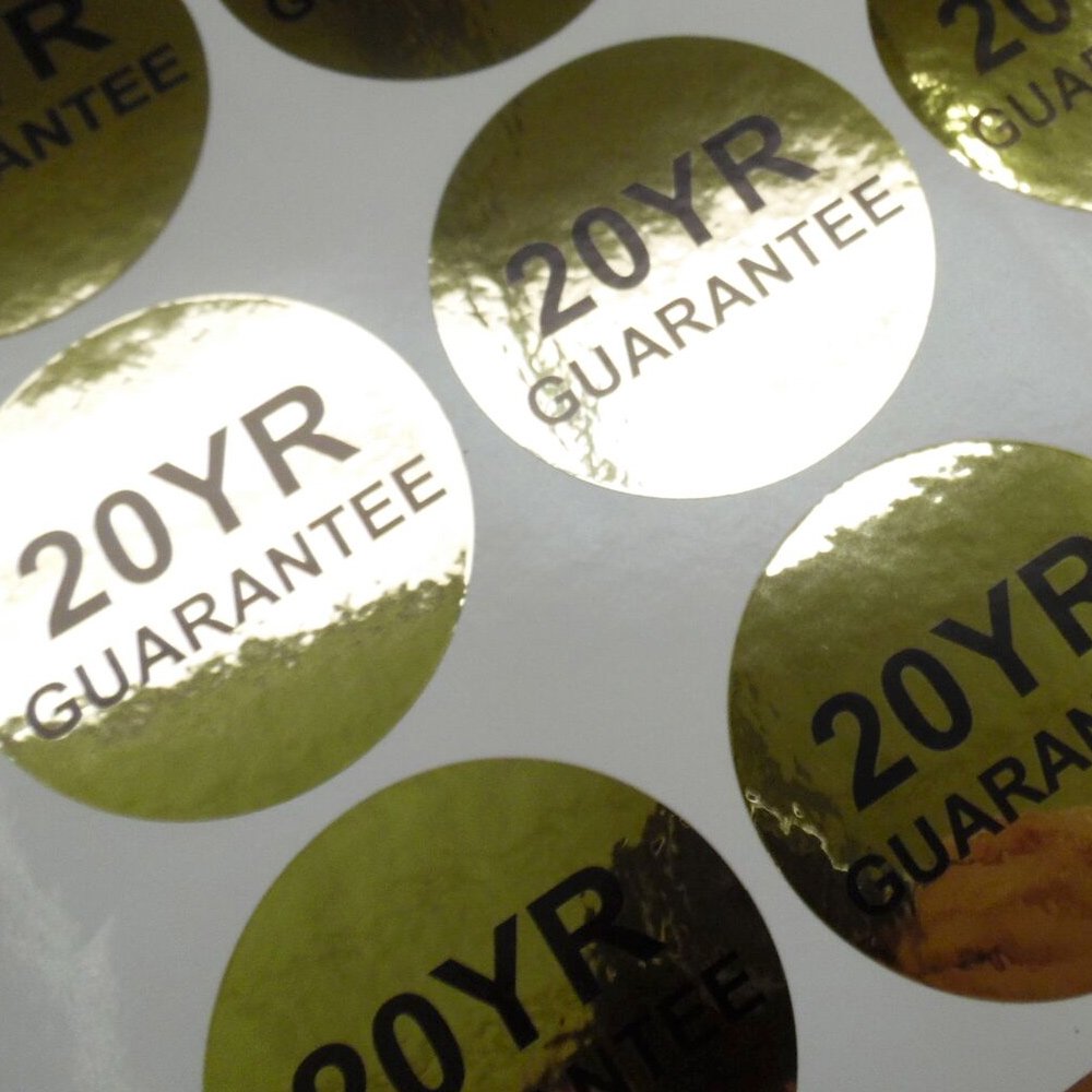Premium labels to promote a 20year guarantee on this product.  Bright gold vinyl, printed black! #nutsaboutstickers